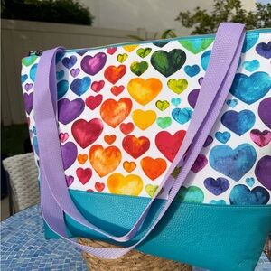 HANDMADE Colorful Heart Print Tote Bag with Purple Straps